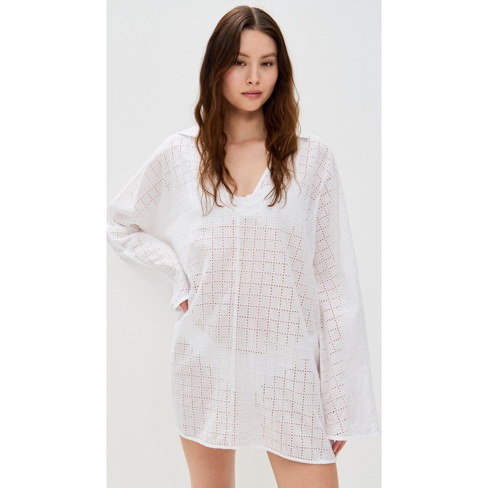 Solid & Striped White Eyelet Tunic Top V-Neck Long Sleeve Beach Cover Up Small